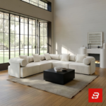 Grand modern luxury living room interior view of a sprawling L-shape sectional sofa upholstered in textured off white bouclé fabric featuring cylindrical bolster pillows and clean low-profile lines by Bahoo Furniture UAE