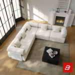 Grand modern luxury living room interior view of a sprawling L-shape sectional sofa upholstered in textured off white bouclé fabric featuring cylindrical bolster pillows and clean low-profile lines by Bahoo Furniture UAE