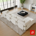 Grand modern luxury living room interior view of a sprawling L-shape sectional sofa upholstered in textured off white bouclé fabric featuring cylindrical bolster pillows and clean low-profile lines by Bahoo Furniture UAE