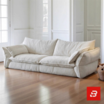 Bright minimalist modern living room interior view of a luxury low-slung sofa upholstered in textured off white bouclé fabric featuring extra deep plush cushions and relaxed angled armrests by Bahoo Furniture UAE