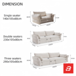 Bright minimalist modern living room interior view of a luxury low-slung sofa upholstered in textured off white bouclé fabric featuring extra deep plush cushions and relaxed angled armrests by Bahoo Furniture UAE