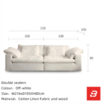 Bright warm modern living room interior showcasing a luxury cloud sofa upholstered in textured off white bouclé fabric with ultra-plush feather down-blend cushions and angled bolster pillows by Bahoo Furniture UAE