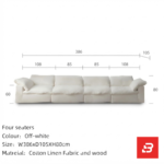 Bright warm modern living room interior showcasing a luxury cloud sofa upholstered in textured off white bouclé fabric with ultra-plush feather down-blend cushions and angled bolster pillows by Bahoo Furniture UAE
