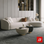 Bright modern luxury living room interior showcasing a curved sofa upholstered in textured off white bouclé fabric featuring an elegant sweeping architectural profile and soft accent cushions by Bahoo Furniture UAE