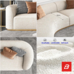 Bright modern luxury living room interior showcasing a curved sofa upholstered in textured off white bouclé fabric featuring an elegant sweeping architectural profile and soft accent cushions by Bahoo Furniture UAE