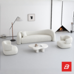 Bright minimalist modern living room interior showcasing a luxury wave sofa upholstered in textured off white bouclé fabric featuring a flowing organic silhouette and matching accent chairs by Bahoo Furniture UAE