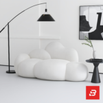 Bright minimalist modern living room interior showcasing a luxury cloud lounge chair upholstered in textured off white bouclé fabric featuring organic bulbous modules and a sleek arched floor lamp by Bahoo Furniture UAE