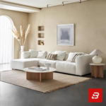 Bright modern living room interior showcasing a luxury modular sectional sofa upholstered in textured off white bouclé fabric featuring a comfortable chaise lounge and neutral decorative pillows by Bahoo Furniture UAE