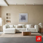 Bright modern living room interior showcasing a luxury modular sectional sofa upholstered in textured off white bouclé fabric featuring a comfortable chaise lounge and neutral decorative pillows by Bahoo Furniture UAE
