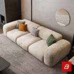 Evening luxury living room interior view of a luxury channel-tufted sectional sofa upholstered in plush warm gray velvet fabric featuring a chaise extension and accent cushions by Bahoo Furniture UAE