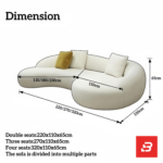 Modern interior view of a luxury organic curved sofa upholstered in textured off white bouclé fabric featuring fluid rounded contours and accent pillows by Bahoo Furniture UAE