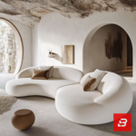 Modern interior view of a luxury organic curved sofa upholstered in textured off white bouclé fabric featuring fluid rounded contours and accent pillows by Bahoo Furniture UAE