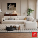 Spacious bright living room interior view of a luxury l-shaped sectional sofa upholstered in textured beige fabric featuring corner configurations and accent cushions by Bahoo Furniture UAE