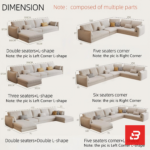 Spacious bright living room interior view of a luxury l-shaped sectional sofa upholstered in textured beige fabric featuring corner configurations and accent cushions by Bahoo Furniture UAE