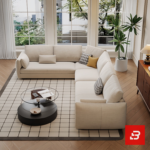 Spacious bright living room interior view of a luxury l-shaped sectional sofa upholstered in textured beige fabric featuring corner configurations and accent cushions by Bahoo Furniture UAE