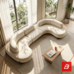 Sunlit luxury living room interior view of a luxury modular curved sofa upholstered in textured off white bouclé fabric featuring fluid wooden base detailing by Bahoo Furniture UAE