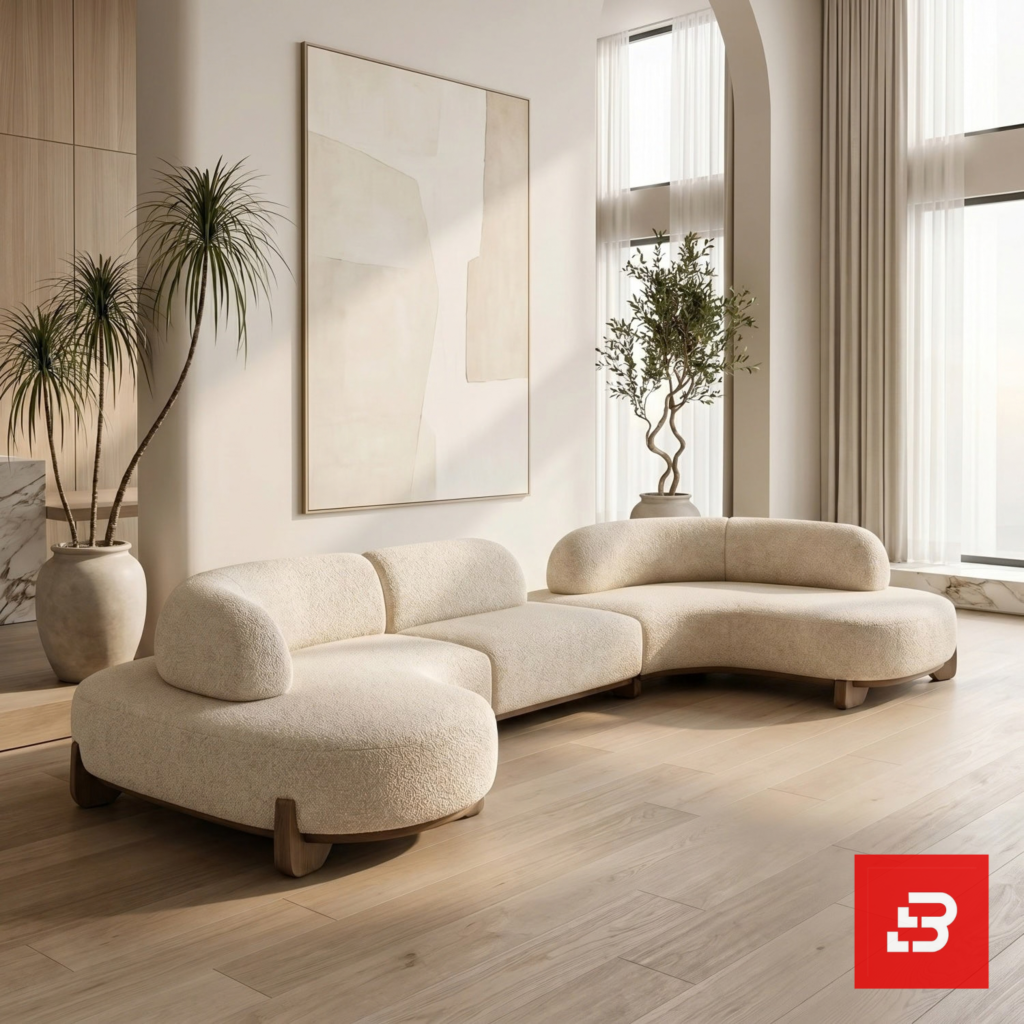 Sunlit luxury living room interior view of a luxury modular curved sofa upholstered in textured off white bouclé fabric featuring fluid wooden base detailing by Bahoo Furniture UAE
