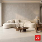 Overhead high-angle interior view of a luxury curved sectional sofa upholstered in textured off white bouclé fabric featuring an organic curved silhouette and scatter cushions by Bahoo Furniture UAE