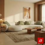 Modern minimalist living room interior view of a luxury curved chaise sofa upholstered in textured off white bouclé fabric featuring an extended lounge chaise and green accent pillows by Bahoo Furniture UAE