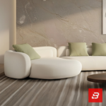 Modern minimalist living room interior view of a luxury curved chaise sofa upholstered in textured off white bouclé fabric featuring an extended lounge chaise and green accent pillows by Bahoo Furniture UAE