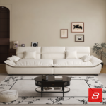 Sunlit luxury living room interior view of a luxury plush cushion sofa upholstered in soft off white fabric featuring deep channeled cushions and matching throw pillows by Bahoo Furniture UAE