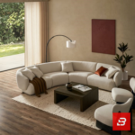 Sunlit luxury living room interior view of a luxury curved sofa upholstered in textured off white bouclé fabric featuring matching ottoman and rust accent cushions by Bahoo Furniture UAE