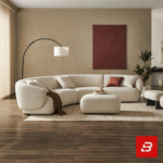 Sunlit luxury living room interior view of a luxury curved sofa upholstered in textured off white bouclé fabric featuring matching ottoman and rust accent cushions by Bahoo Furniture UAE