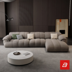 Sleek modern penthouse living room interior view of a luxury channel tufted sectional sofa upholstered in textured warm gray fabric featuring matching armchair and ottoman by Bahoo Furniture UAE