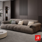 Sleek modern penthouse living room interior view of a luxury channel tufted sectional sofa upholstered in textured warm gray fabric featuring matching armchair and ottoman by Bahoo Furniture UAE