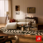 Warm modern apartment living room interior view of a luxury l-shaped sectional sofa upholstered in textured off white bouclé fabric featuring an extended chaise lounge and rust accent pillows by Bahoo Furniture UAE