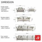 Warm elegant living room interior view of a luxury plump cushion sofa upholstered in textured off white bouclé fabric featuring deep plush back pillows and angled armrests by Bahoo Furniture UAE