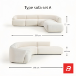 Sunlit modern luxury villa living room interior view of a luxury u-shaped modular sectional upholstered in textured off white bouclé fabric featuring a matching ottoman and rust throw pillows by Bahoo Furniture UAE