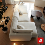 Modern bright living room interior view of a luxury modern sectional sofa upholstered in textured off white bouclé fabric featuring a plush chaise lounge and scatter cushions by Bahoo Furniture UAE
