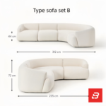 Sunlit modern luxury villa living room interior view of a luxury u-shaped modular sectional upholstered in textured off white bouclé fabric featuring a matching ottoman and rust throw pillows by Bahoo Furniture UAE