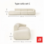 Sunlit modern luxury villa living room interior view of a luxury u-shaped modular sectional upholstered in textured off white bouclé fabric featuring a matching ottoman and rust throw pillows by Bahoo Furniture UAE