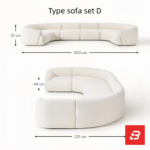 Sunlit modern luxury villa living room interior view of a luxury u-shaped modular sectional upholstered in textured off white bouclé fabric featuring a matching ottoman and rust throw pillows by Bahoo Furniture UAE