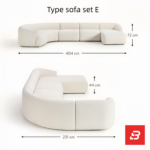 Sunlit modern luxury villa living room interior view of a luxury u-shaped modular sectional upholstered in textured off white bouclé fabric featuring a matching ottoman and rust throw pillows by Bahoo Furniture UAE