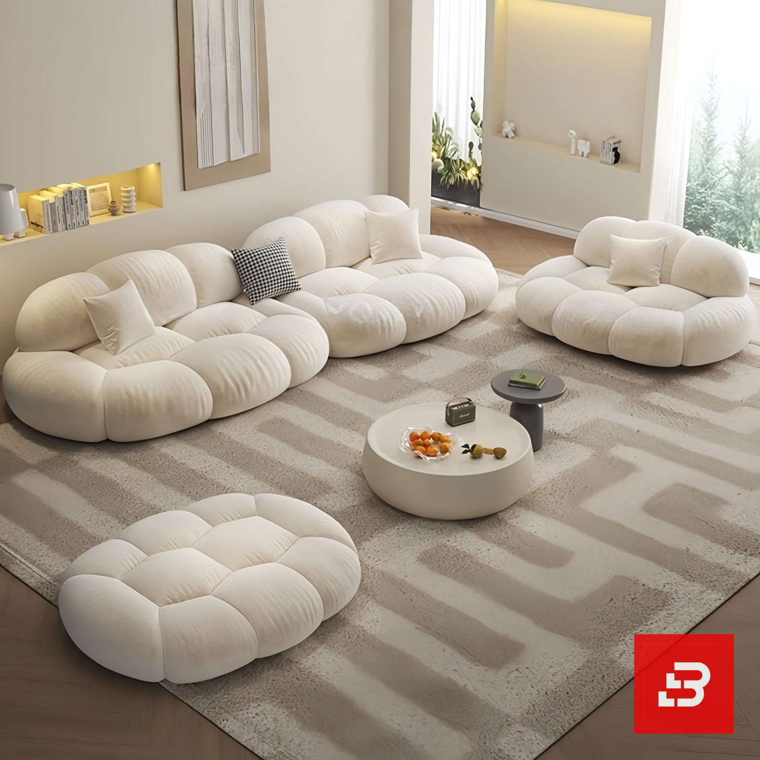 Bahoo Luxury Cloud Modular Sofa Set Upholstered - Bahoo Furniture Bright minimalist modern living room interior view of a luxury cloud modular sofa set upholstered in textured off white bouclé fabric featuring independent modules, an armchair, and a matching ottoman by Bahoo Furniture UAE