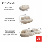 Bright minimalist modern living room interior view of a luxury cloud modular sofa set upholstered in textured off white bouclé fabric featuring independent modules, an armchair, and a matching ottoman by Bahoo Furniture UAE
