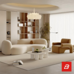 Sunlit minimalist modern apartment living room interior view of a luxury swivel barrel armchair upholstered in textured off white bouclé fabric featuring a matching accent pillow by Bahoo Furniture UAE