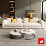 Sophisticated modern living room interior showcasing a luxury cloud sofa upholstered in textured beige bouclé fabric featuring plush modular cushioning and stylish accent pillows by Bahoo Furniture UAE