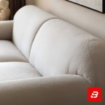 Bright modern minimalist living room interior showcasing a luxury curved sofa upholstered in textured off white bouclé fabric featuring sweeping rounded armrests and sleek dark wood coffee table by Bahoo Furniture UAE