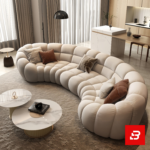 Luxurious open-concept modern living room interior showcasing a magnificent curved channel sectional sofa upholstered in textured beige bouclé fabric featuring segmented pillowy modules and warm throw pillows by Bahoo Furniture UAE