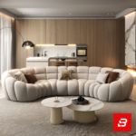 Luxurious open-concept modern living room interior showcasing a magnificent curved channel sectional sofa upholstered in textured beige bouclé fabric featuring segmented pillowy modules and warm throw pillows by Bahoo Furniture UAE