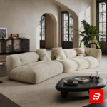 Sunlit architectural luxury living room interior showcasing a low-profile modular sofa upholstered in textured beige bouclé fabric featuring deep tufted seats and neutral accent pillows by Bahoo Furniture UAE