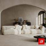 Sunlit architectural luxury living room interior showcasing a low-profile modular sofa upholstered in textured beige bouclé fabric featuring deep tufted seats and neutral accent pillows by Bahoo Furniture UAE