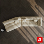 Sunlit architectural luxury living room interior showcasing a low-profile modular sofa upholstered in textured beige bouclé fabric featuring deep tufted seats and neutral accent pillows by Bahoo Furniture UAE