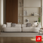 Elegant modern minimalist living room interior showcasing an asymmetric curved sofa upholstered in textured beige bouclé fabric featuring speckled details and stylish striped accent pillows by Bahoo Furniture UAE