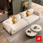 Sophisticated modern living room interior showcasing a luxury cloud sofa upholstered in textured beige bouclé fabric featuring plush modular cushioning and stylish accent pillows by Bahoo Furniture UAE