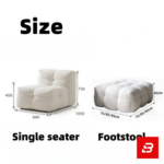 Warm minimalist living room interior showcasing a luxury modular armchair upholstered in soft off white bouclé fabric featuring tufted block cushioning and stackable books underneath by Bahoo Furniture UAE